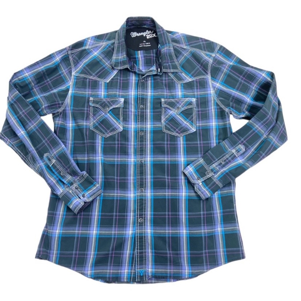 Wrangler blue gray plaid 20X western pearl snap up cowboy shirt. Size XL